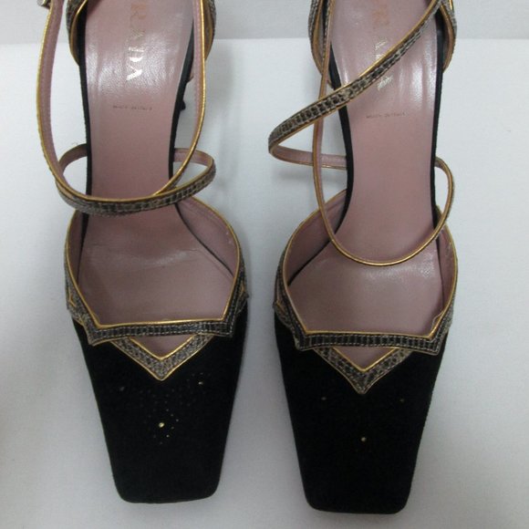 PRADA black Suede w/ Snakeskin square toe heels pumps ITALY buckle Size Sz 38 - Picture 3 of 12